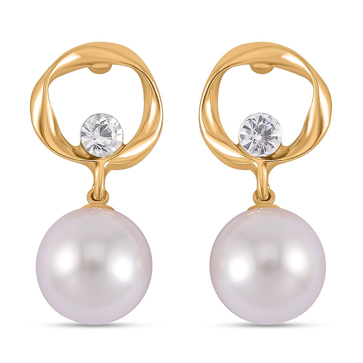 Designer Inspired White Shell Pearl and White Austrian Crystal Earrings in Yellow Gold Tone 7606259 0