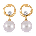Designer Inspired White Shell Pearl and White Austrian Crystal Earrings in Yellow Gold Tone