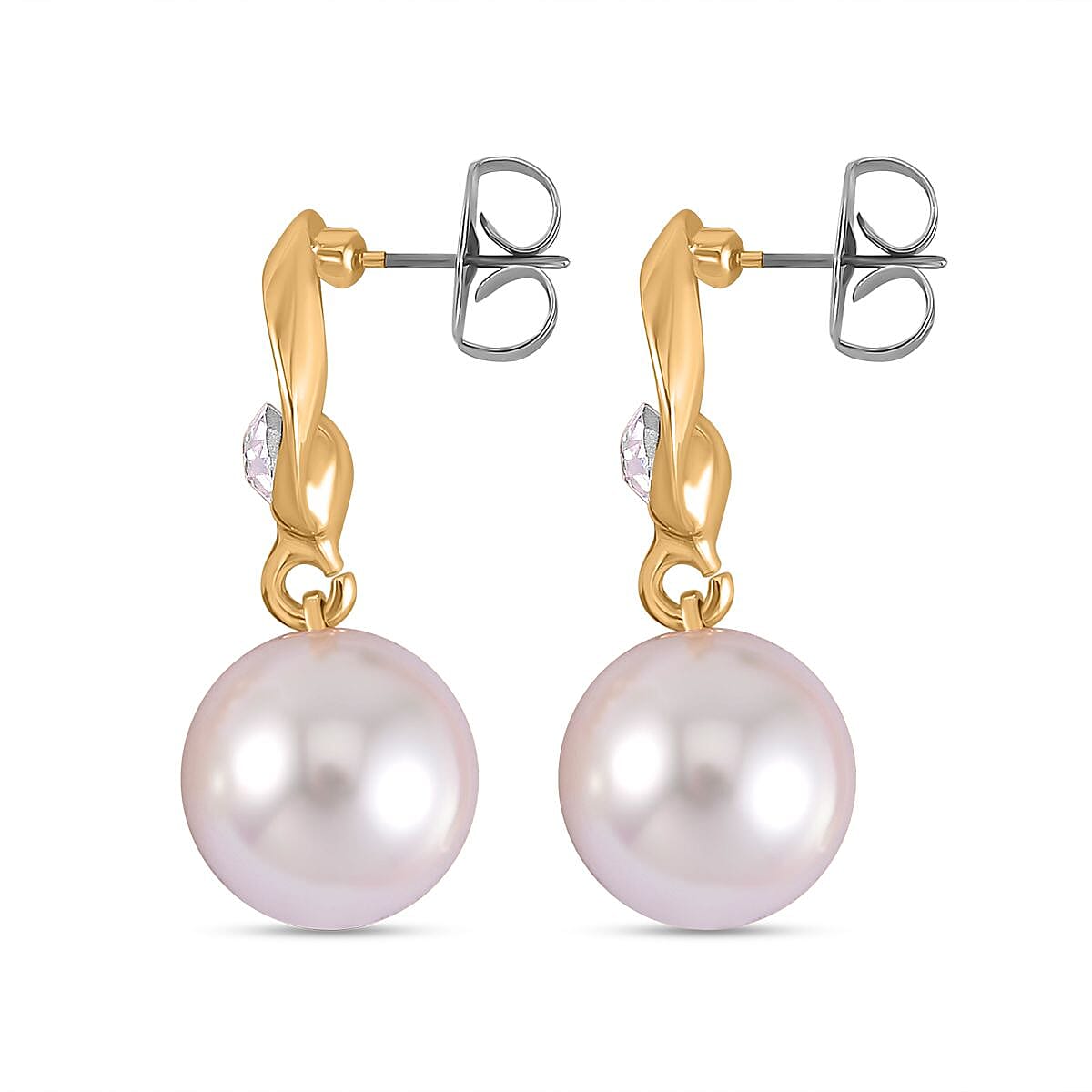 Designer Inspired White Shell Pearl and White Austrian Crystal Earrings in Yellow Gold Tone 7606259 7
