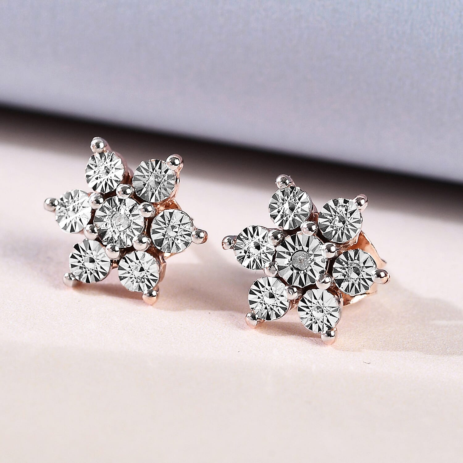 Diamond Floral Stud Earrings in Rose Gold Plated Sterling Silver 3688754 2