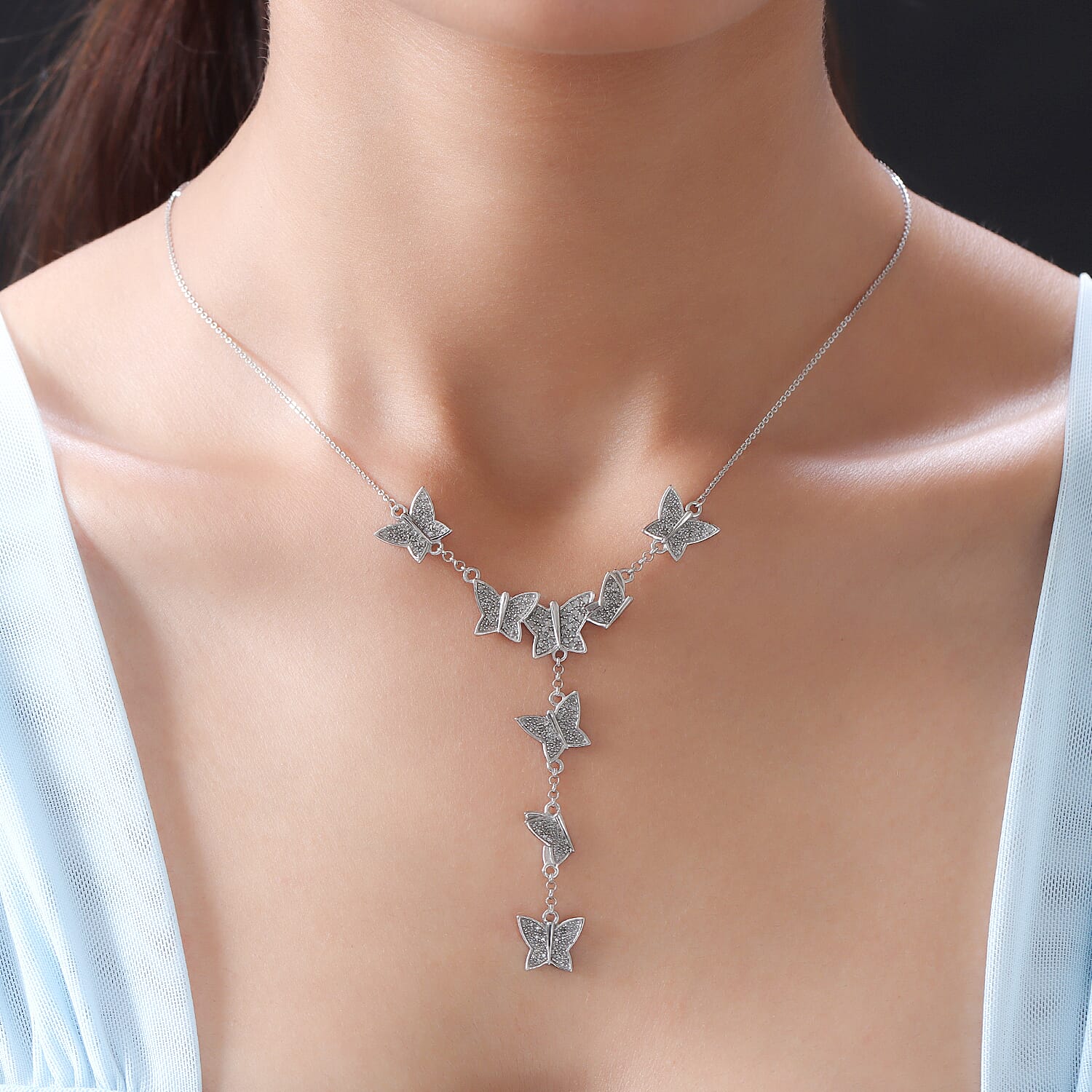 Designer Inspired -Diamond Butterfly Lariat Necklace (Size - 18-2 inch Ext.) in Platinum Overlay Sterling Silver 1.00 Ct, 7061735 2