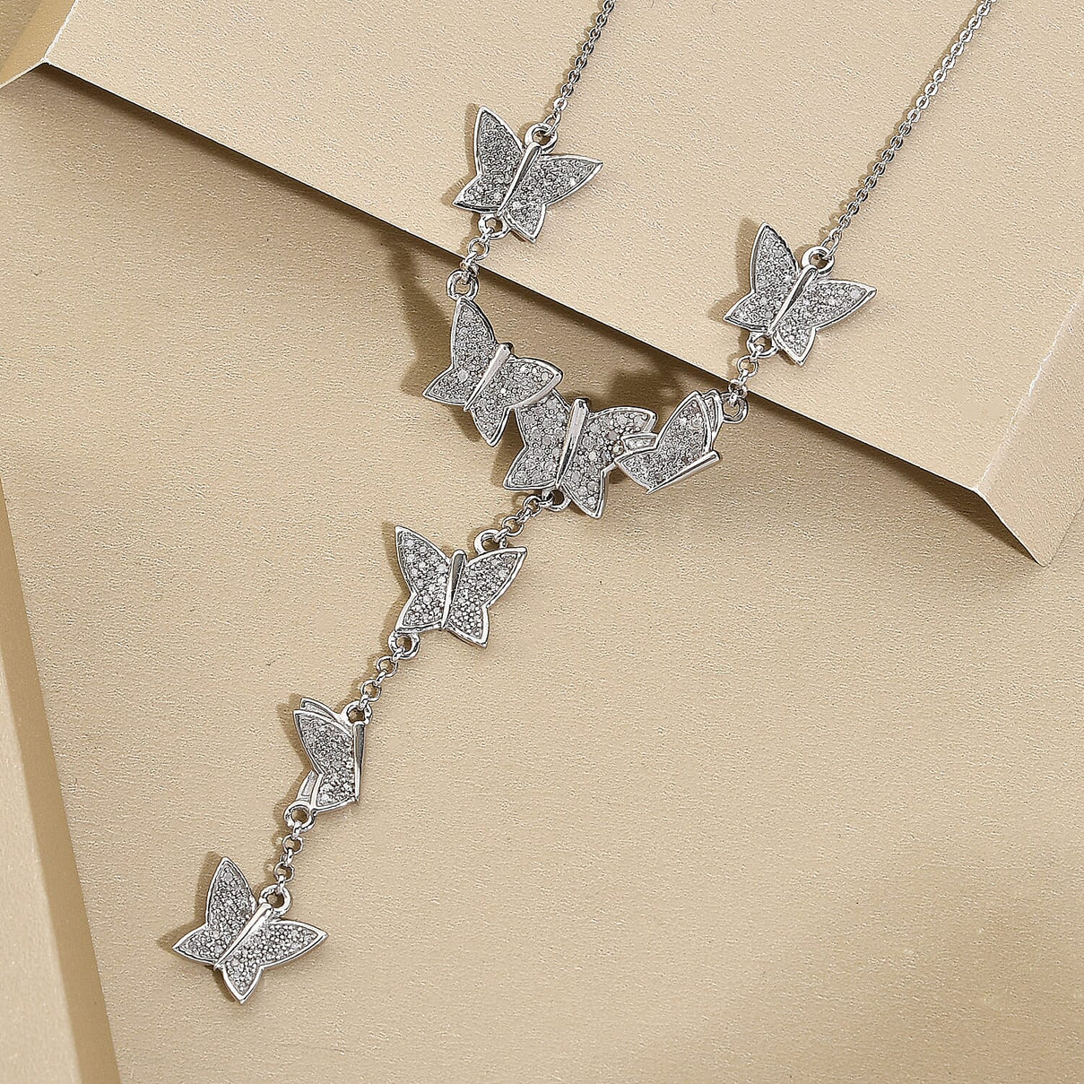 Designer Inspired -Diamond Butterfly Lariat Necklace (Size - 18-2 inch Ext.) in Platinum Overlay Sterling Silver 1.00 Ct, 7061735 3