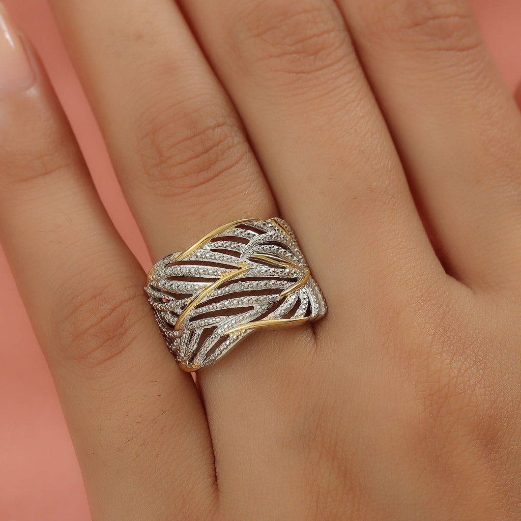Diamond Criss-Cross Ring in 18K Vermeil Yellow Gold Plated and Platinum Overlay Sterling Silver