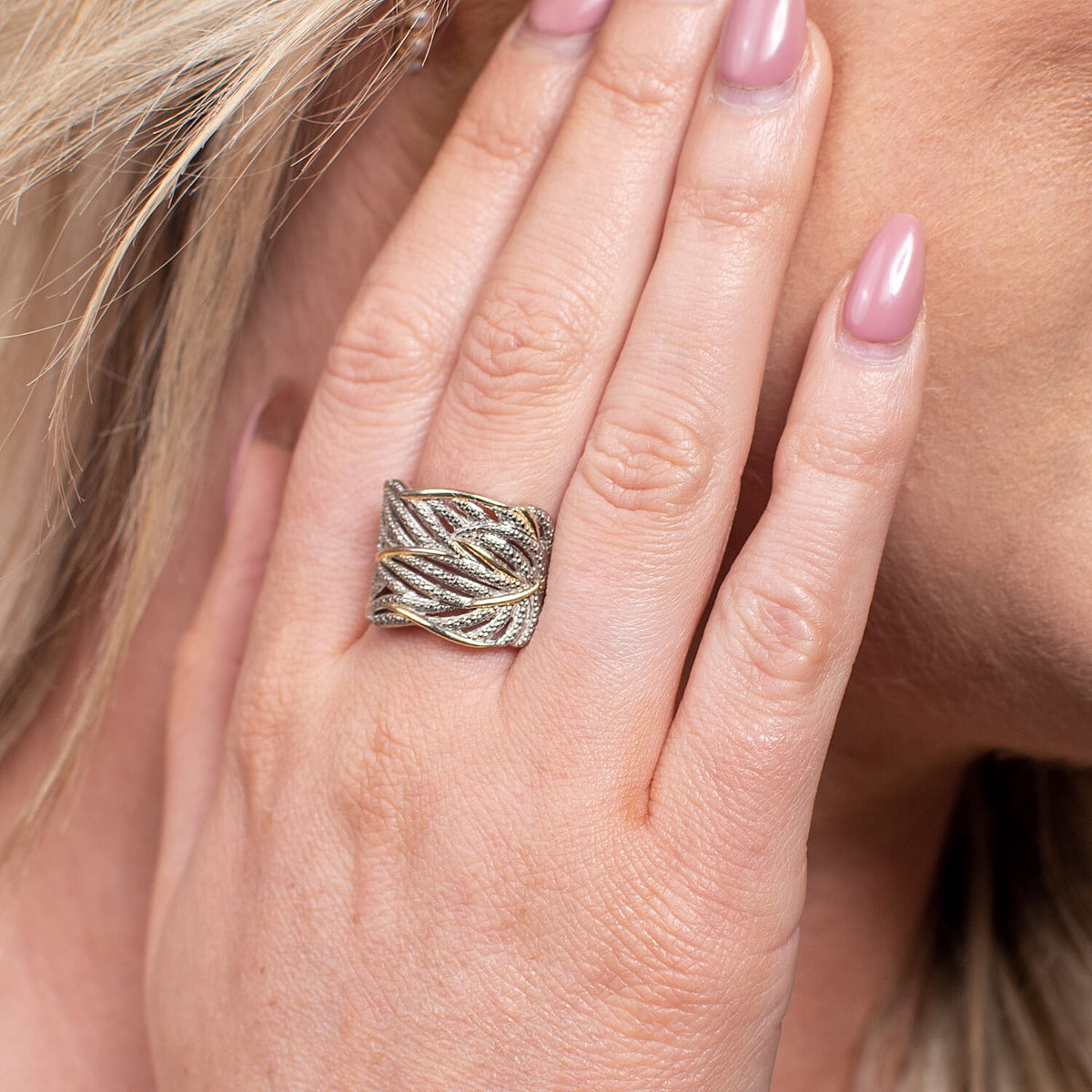 Diamond Criss Cross Ring in Sterling Silver with Platinum and 18K Vermeil Yellow Gold V32513492 3