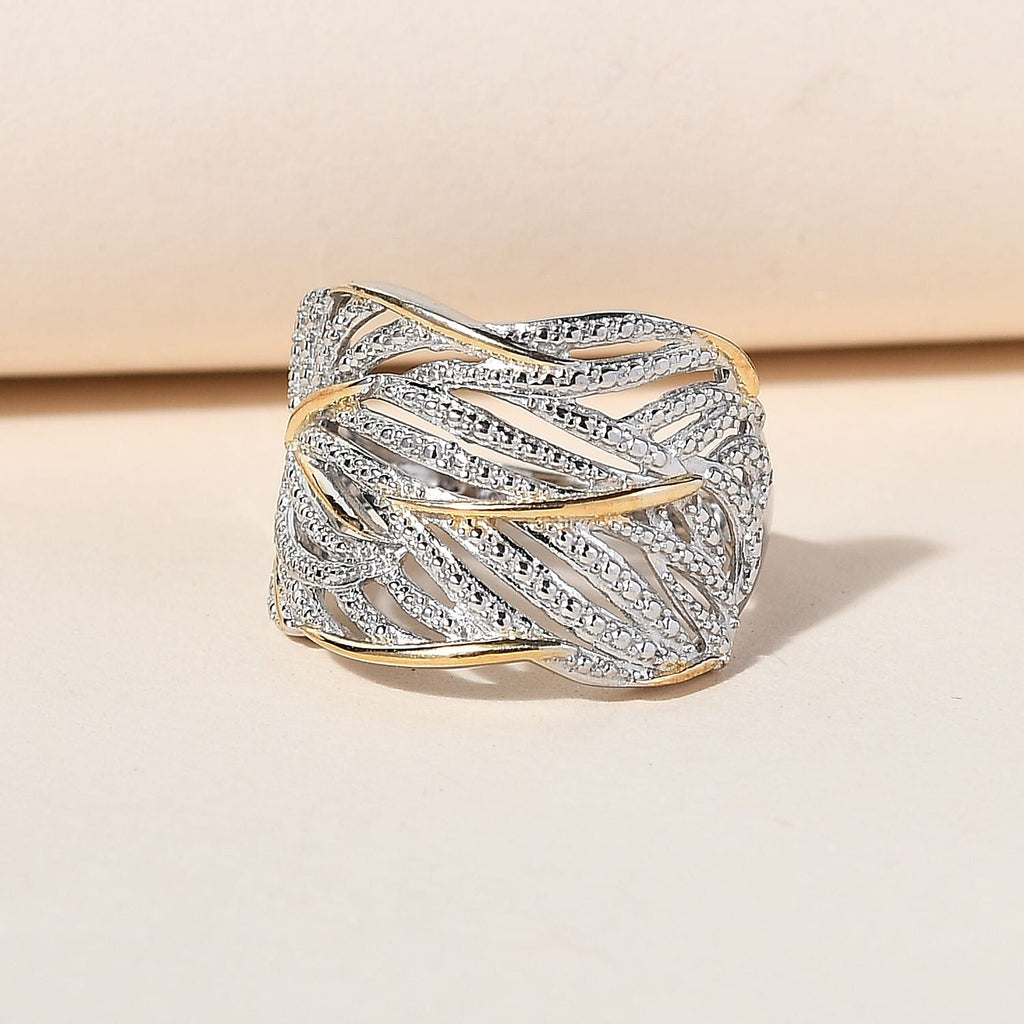 Diamond Ring in Platinum Overlay and 18K Vermeil Yellow Gold Plated Sterling Silver