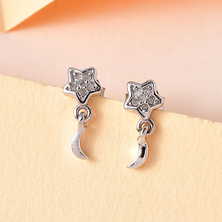 Diamond Dangle Earrings (with Push Back) in Platinum Overlay Sterling Silver 0.06 Ct. 7507929 2