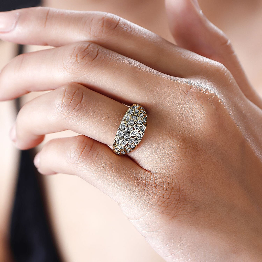 Diamond Dome Ring in Platinum and 18K Vermeil Yellow Gold Plated Sterling Silver