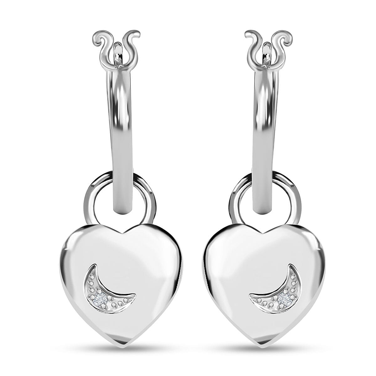 Natural White Diamond Hoop Earrings With Heart Charm in Platinum Overlay Sterling Silver 7487232 8