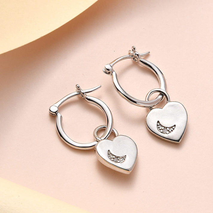Natural White Diamond Hoop Earrings With Heart Charm in Platinum Overlay Sterling Silver 7487232 2