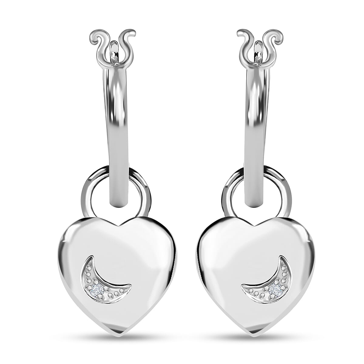 Natural White Diamond Hoop Earrings With Heart Charm in Platinum Overlay Sterling Silver 7487232 7