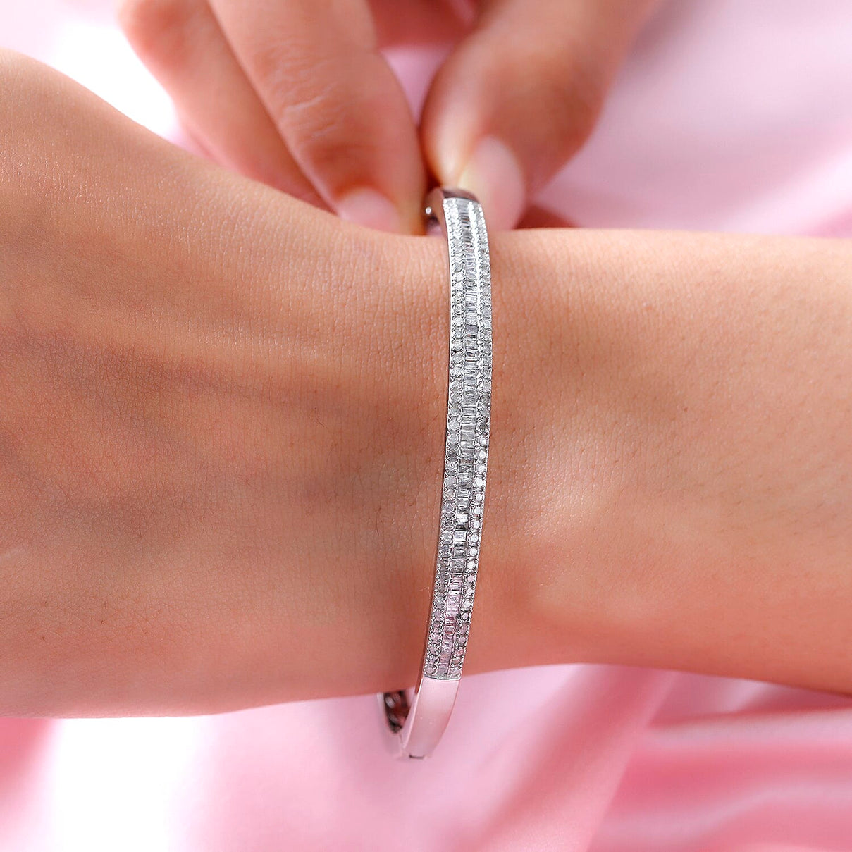 Diamond Half Eternity Bangle Bracelet Size 7.5 inches in Platinum Plated Sterling Silver 1.00 Ct, Silver Wt. 16.06 Gms 8934781 3