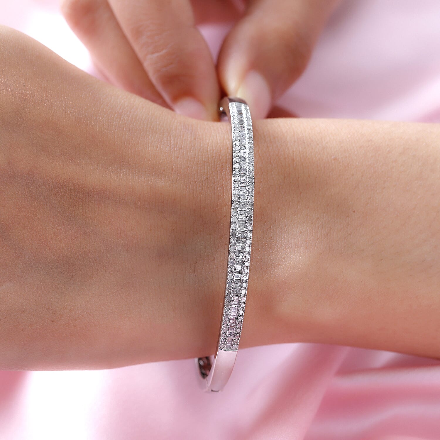 Diamond Half Eternity Bangle Bracelet Size 7.5 inches in Platinum Plated Sterling Silver 1.00 Ct, Silver Wt. 16.06 Gms 8934781 3