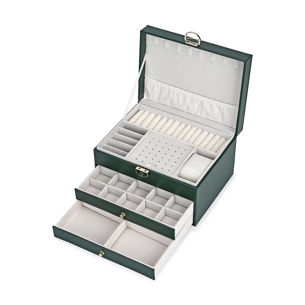 3 Layer Quilted Jewellery Box With Lock & Key -  Olive Green