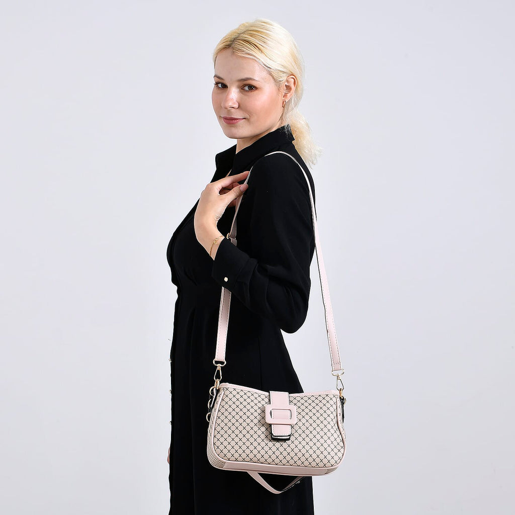 DESIGNER INSPIRED - Diamond Pattern Crossbody Bag with Chain Detail Strap - Beige