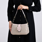 DESIGNER INSPIRED - Diamond Pattern Crossbody Bag with Chain Detail Strap - Beige