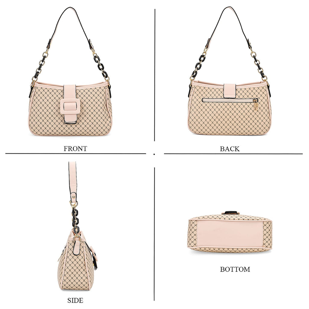 DESIGNER INSPIRED - Diamond Pattern Crossbody Bag with Chain Detail Strap - Beige