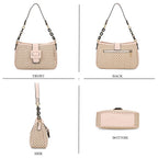 DESIGNER INSPIRED - Diamond Pattern Crossbody Bag with Chain Detail Strap - Beige