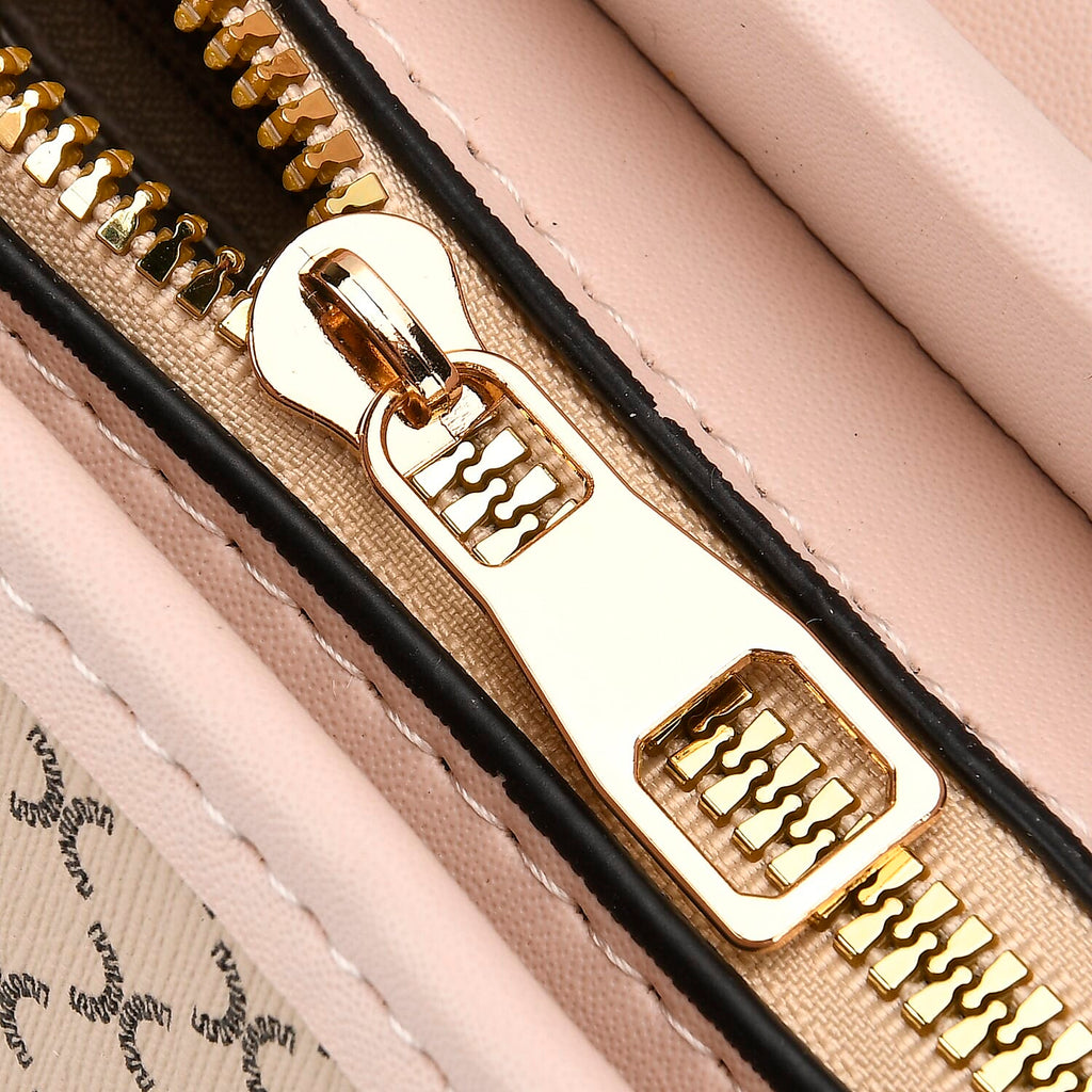 DESIGNER INSPIRED - Diamond Pattern Crossbody Bag with Chain Detail Strap - Beige