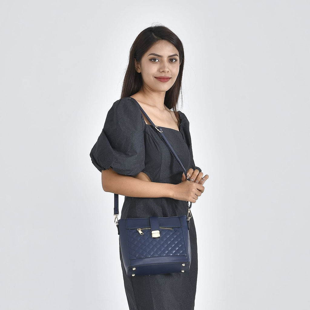 Diamond Pattern Crossbody Bag with Detachable Shoulder Strap and Metal Lock (Size 23x20x9 Cm) - Navy
