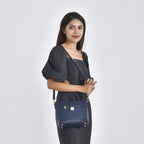 Diamond Pattern Crossbody Bag with Detachable Shoulder Strap and Metal Lock (Size 23x20x9 Cm) - Navy