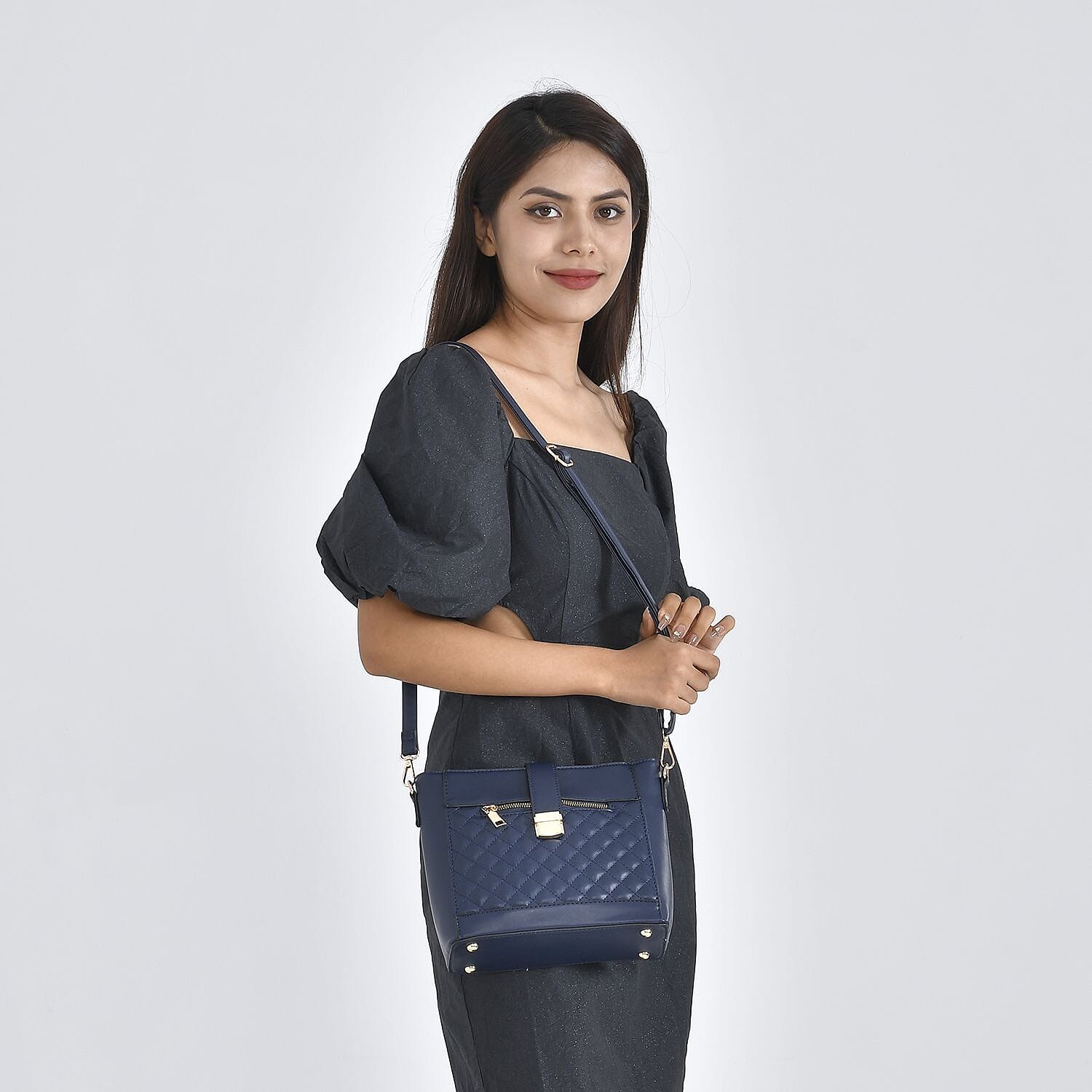 Diamond Pattern Crossbody Bag with Detachable Shoulder Strap and Metal Lock - Navy 7162434 2
