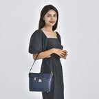 Diamond Pattern Crossbody Bag with Detachable Shoulder Strap and Metal Lock (Size 23x20x9 Cm) - Navy
