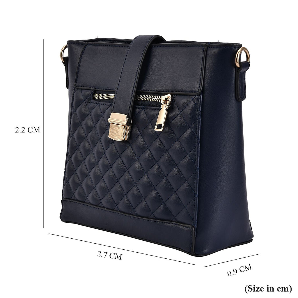 Diamond Pattern Crossbody Bag with Detachable Shoulder Strap and Metal Lock (Size 23x20x9 Cm) - Navy