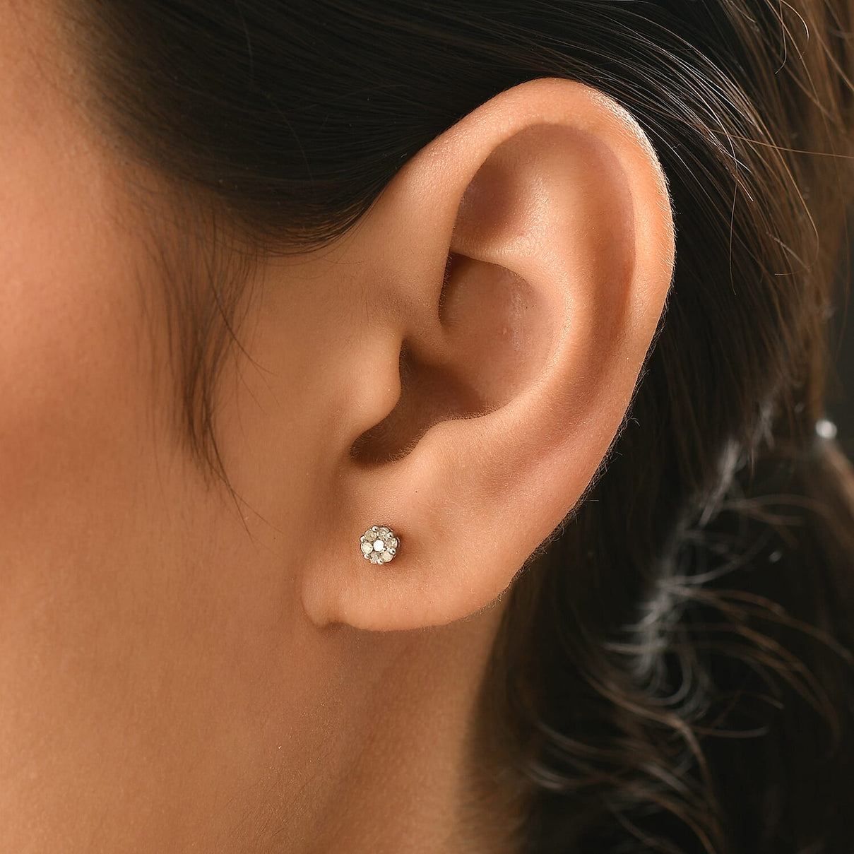 Diamond Pressure Set Floral Stud Earrings in Platinum Plated Sterling Silver 3615494 3