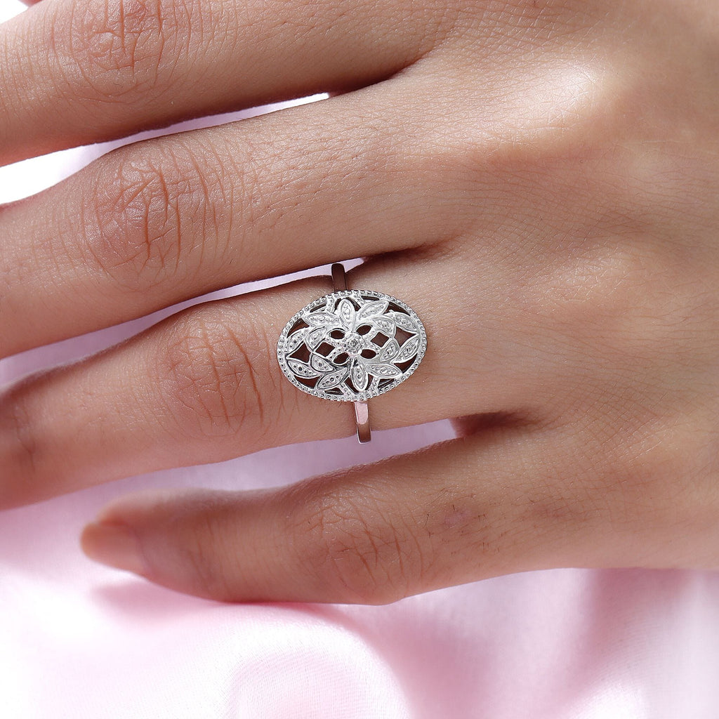 Diamond Floral Ring in Platinum Overlay Sterling Silver