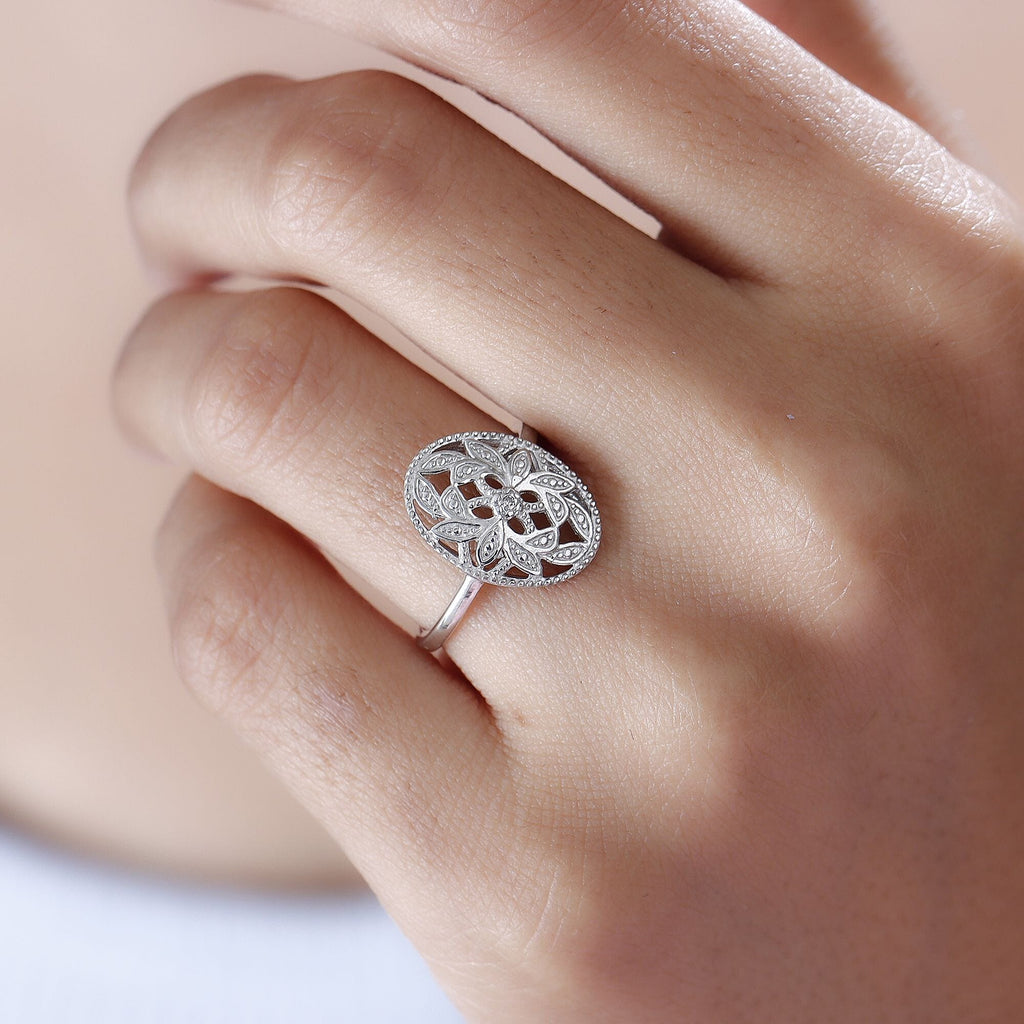 Diamond Floral Ring in Platinum Overlay Sterling Silver
