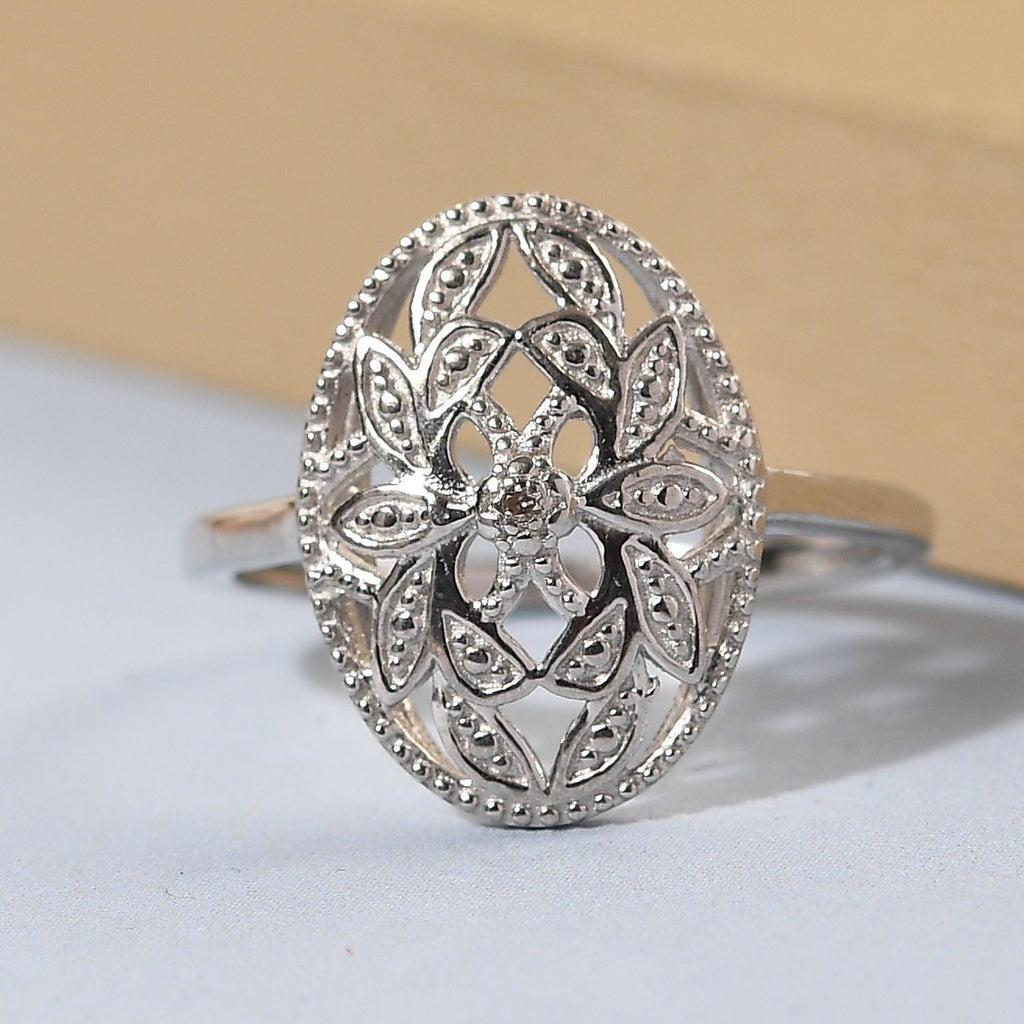 Diamond Floral Ring in Platinum Overlay Sterling Silver