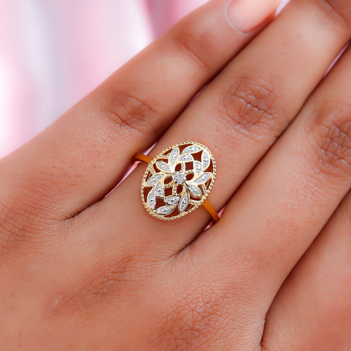 Diamond (G/H) Solitaire Floral Ring in 18K Yellow Gold Vermeil Plated Sterling Silver 3778890 12