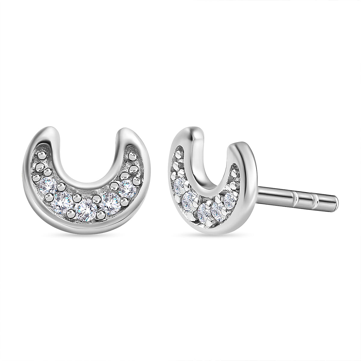 Crescent Moon Diamond Stud Earrings (with Push Back) in Platinum Overlay Sterling Silver 7509771 0
