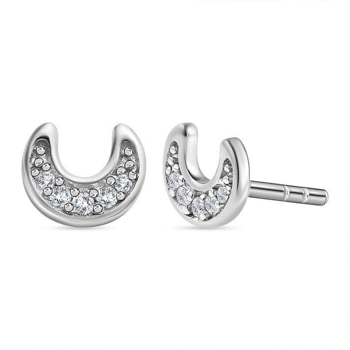 Crescent Moon Diamond Stud Earrings (with Push Back) in Platinum Overlay Sterling Silver 7509771 1
