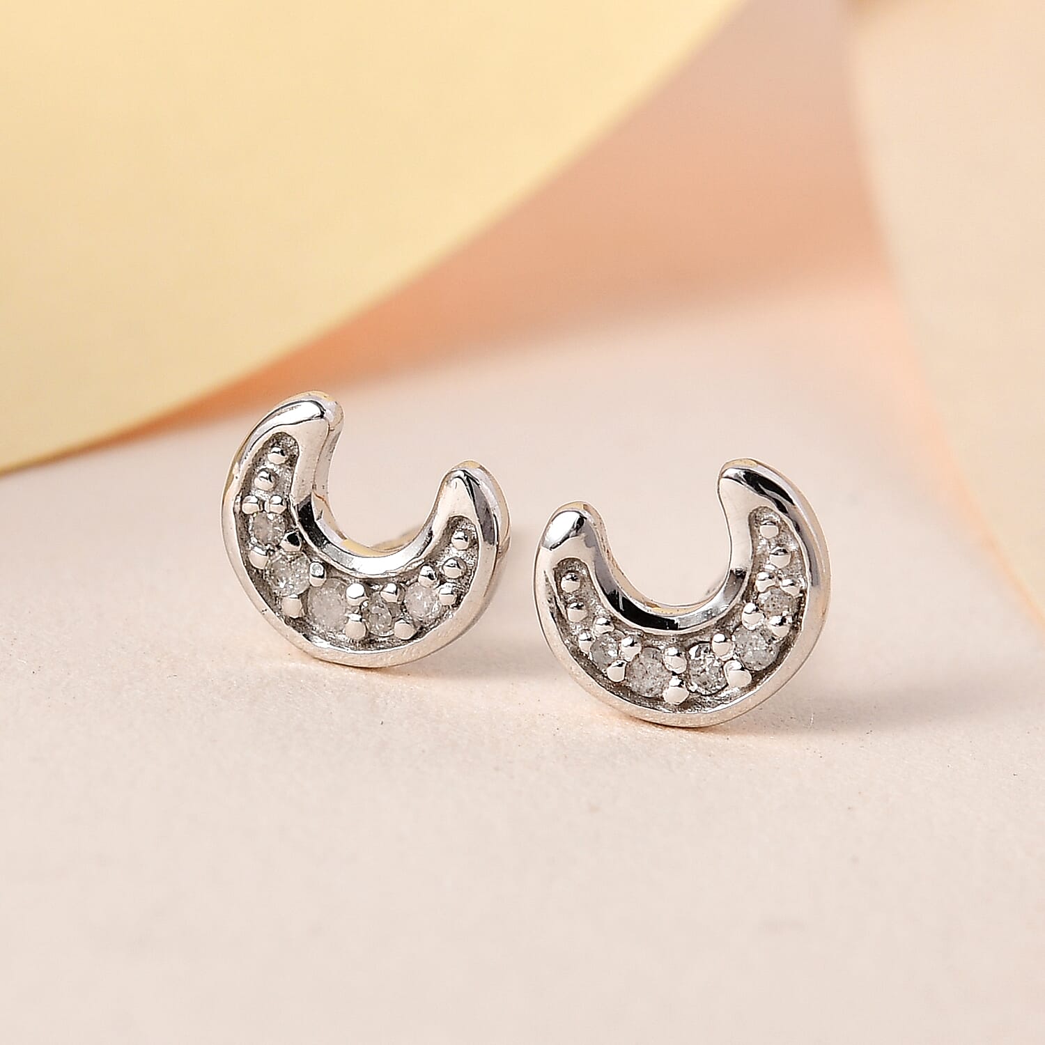 Crescent Moon Diamond Stud Earrings (with Push Back) in Platinum Overlay Sterling Silver 7509771 2