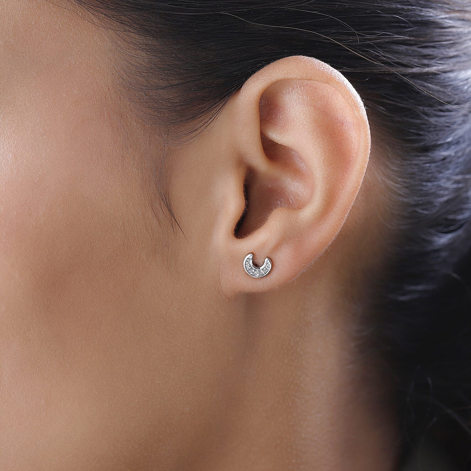 Crescent Moon Diamond Stud Earrings (with Push Back) in Platinum Overlay Sterling Silver 7509771 3