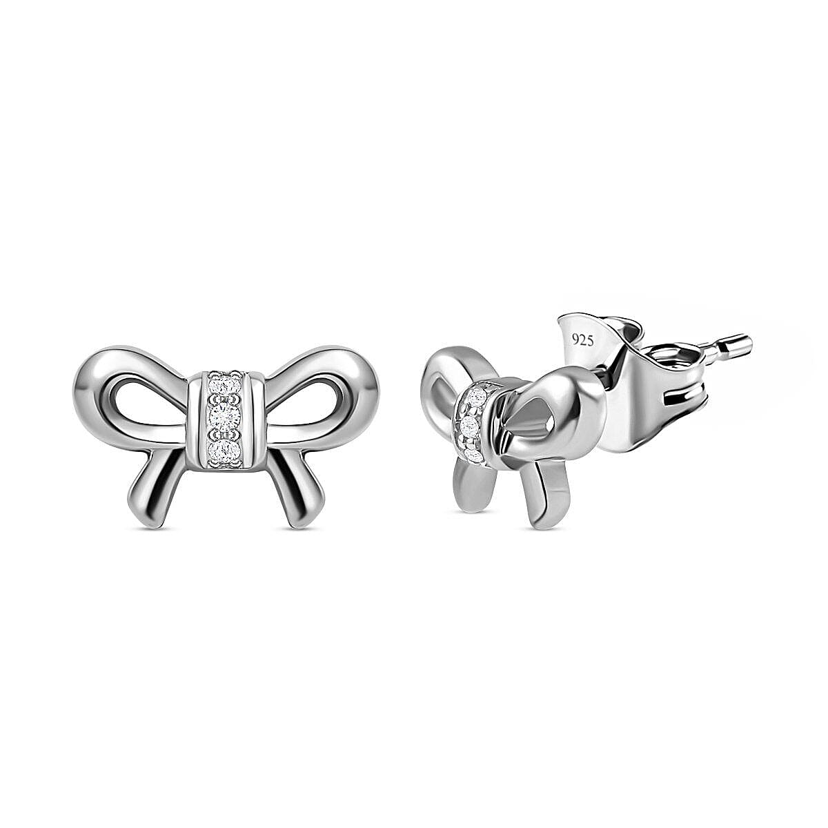 Diamond Bow Stud Earrings in Platinum Overlay Sterling Silver with Push Post 7381989 0