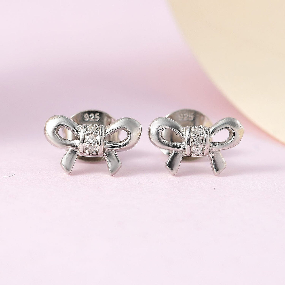 Diamond Bow Stud Earrings in Platinum Overlay Sterling Silver with Push Post 7381989 1