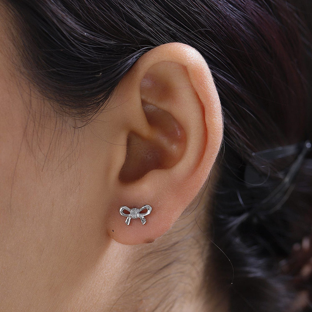 Diamond Bow Stud Earrings in Platinum Overlay Sterling Silver with Push Post 7381989 2