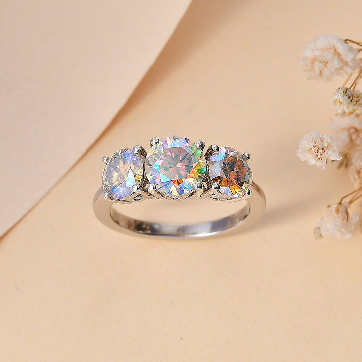 Dichroic Luminous Moissanite 3-stone Ring in Rhodium Overlay Sterling Silver 2.688 Ct. 7794458 2