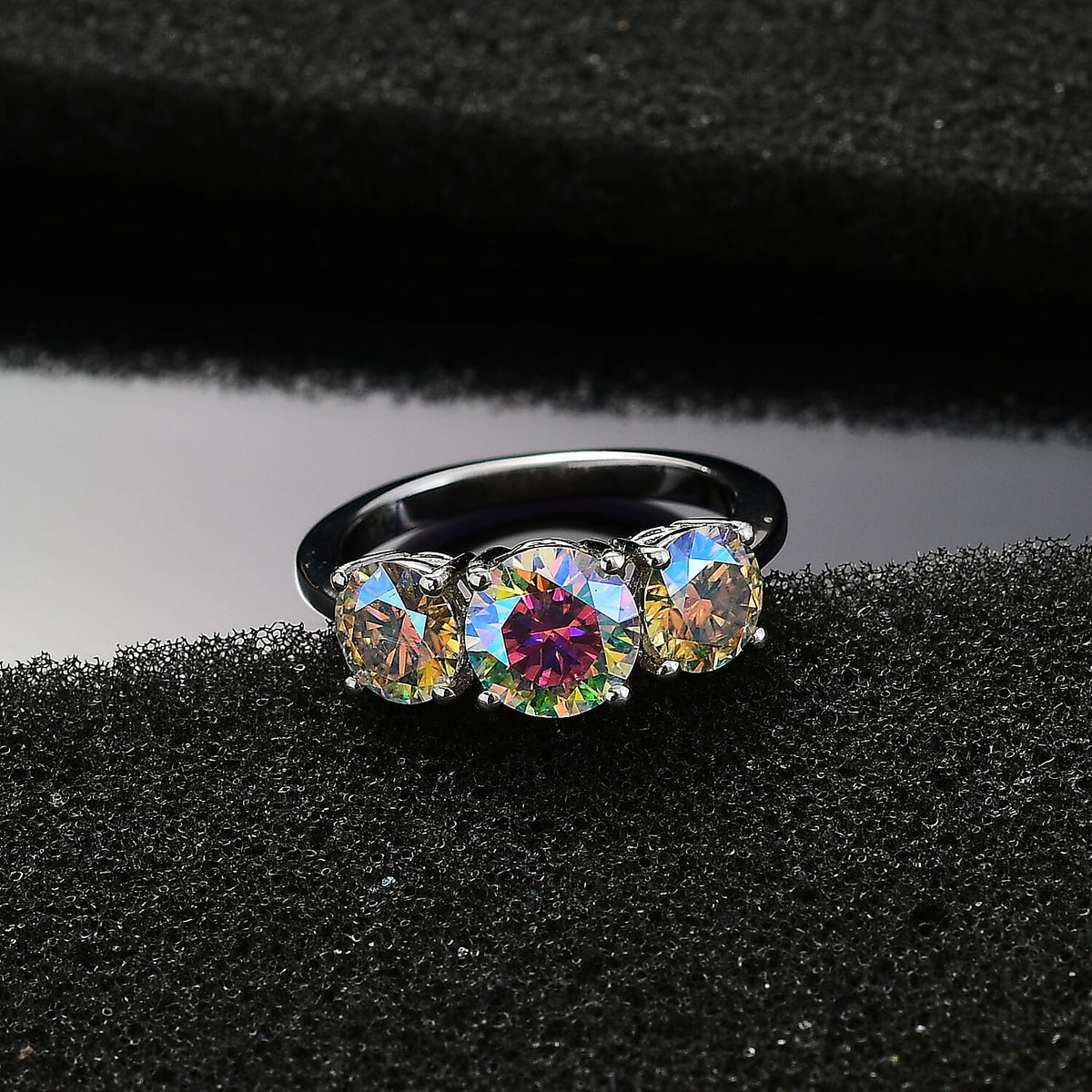 Dichroic Luminous Moissanite 3-stone Ring in Rhodium Overlay Sterling Silver 2.688 Ct. 7794458 3