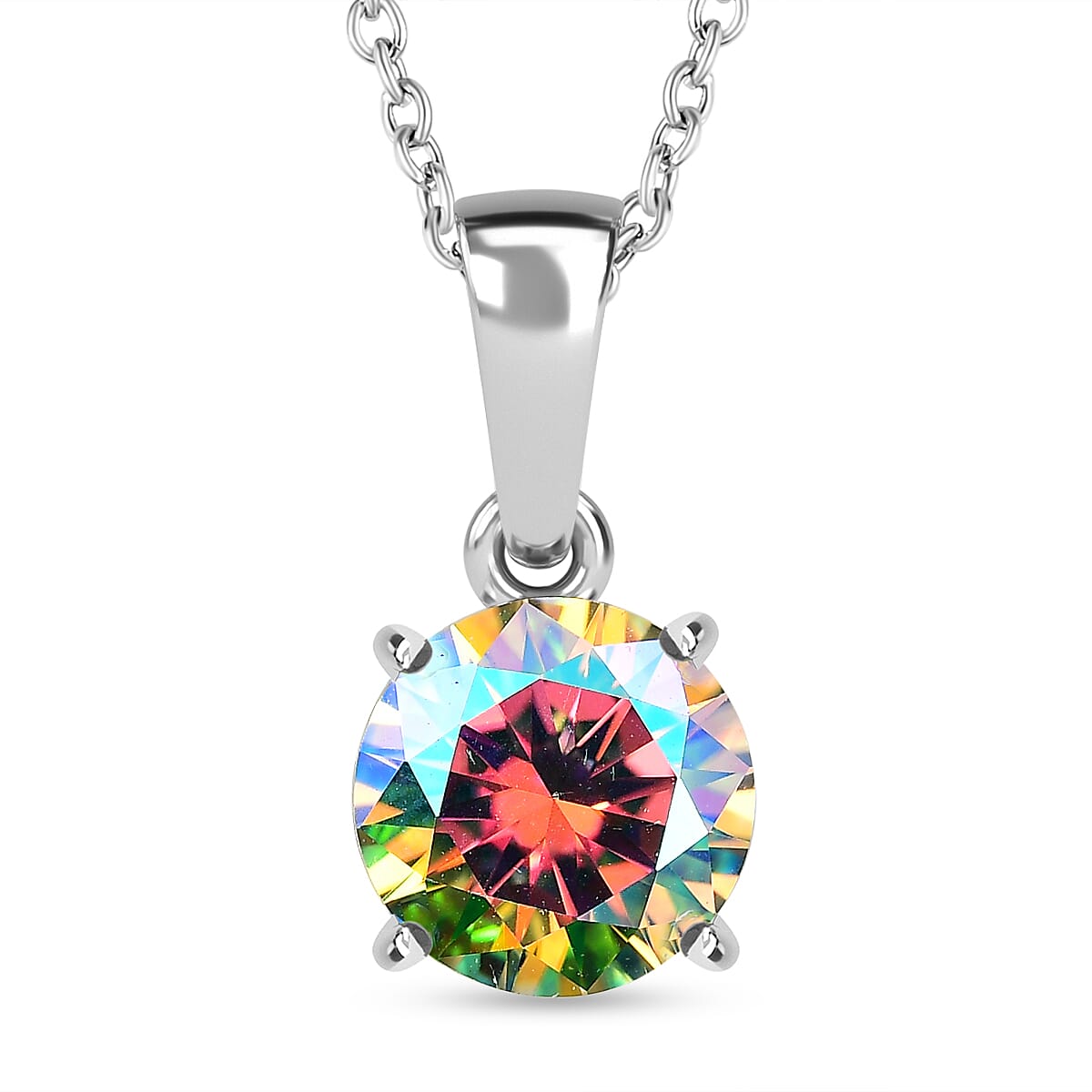 Mystic Fire Luminous Moissanite Solitaire Pendant with Chain (Size 20) in Rhodium Overlay Sterling Silver 1.80 Ct. 4277475 0