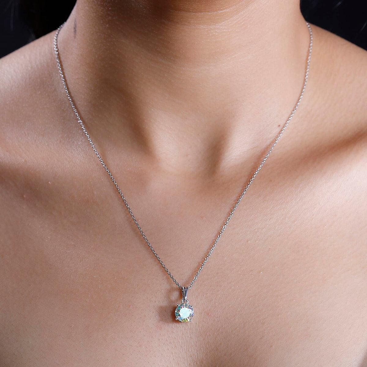 Mystic Fire Luminous Moissanite Solitaire Pendant with Chain (Size 20) in Rhodium Overlay Sterling Silver 1.80 Ct. 4277475 2