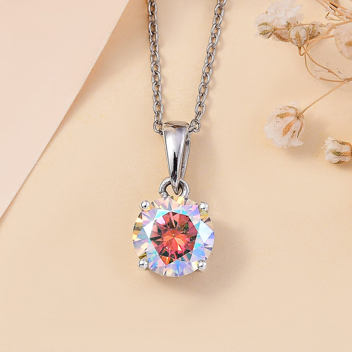 Mystic Fire Luminous Moissanite Solitaire Pendant with Chain (Size 20) in Rhodium Overlay Sterling Silver 1.80 Ct. 4277475 3
