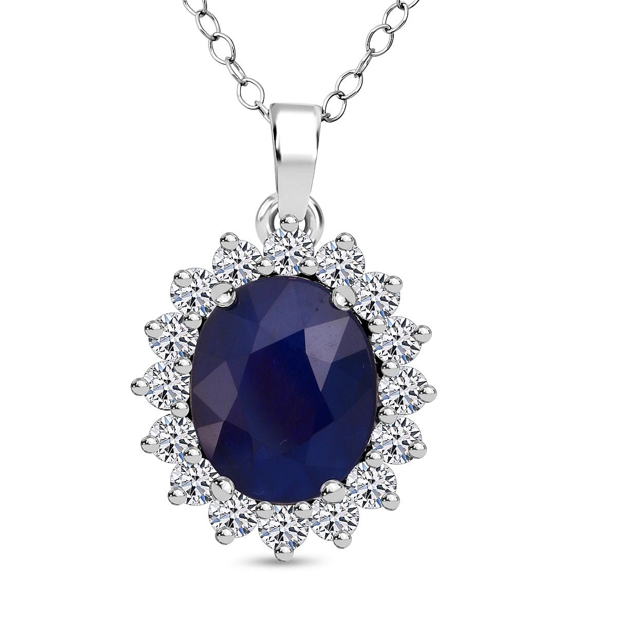 Luxuriant - Blue Sapphire &amp; Lab Grown Diamond (SI-G-H) Halo Pendant with Chain (Size 20) in Rhodium Overlay Sterling Silver 6.75 Ct. 4422343 0