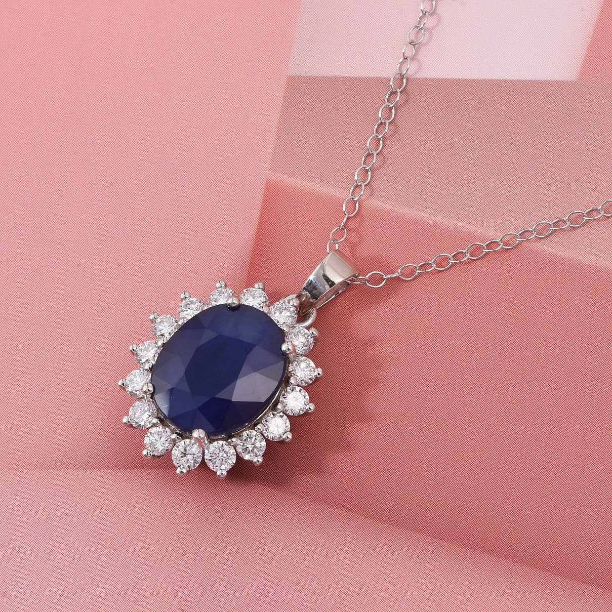 Luxuriant - Blue Sapphire &amp; Lab Grown Diamond (SI-G-H) Halo Pendant with Chain (Size 20) in Rhodium Overlay Sterling Silver 6.75 Ct. 4422343 2