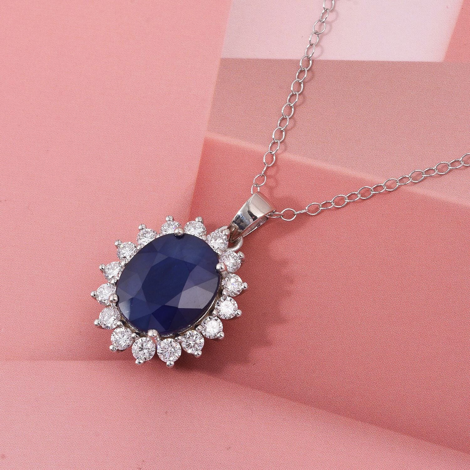 Luxuriant - Blue Sapphire &amp; Lab Grown Diamond (SI-G-H) Halo Pendant with Chain (Size 20) in Rhodium Overlay Sterling Silver 6.75 Ct. 4422343 2