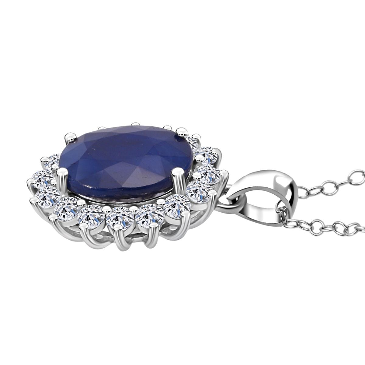 Luxuriant - Blue Sapphire &amp; Lab Grown Diamond (SI-G-H) Halo Pendant with Chain (Size 20) in Rhodium Overlay Sterling Silver 6.75 Ct. 4422343 3