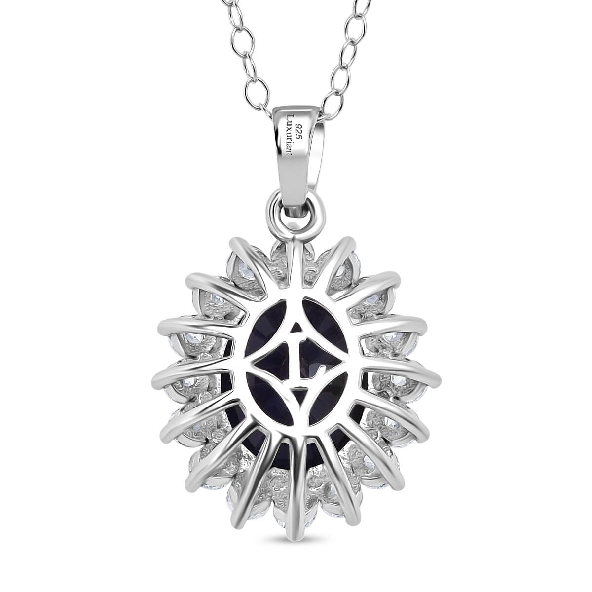 Luxuriant - Blue Sapphire &amp; Lab Grown Diamond (SI-G-H) Halo Pendant with Chain (Size 20) in Rhodium Overlay Sterling Silver 6.75 Ct. 4422343 4