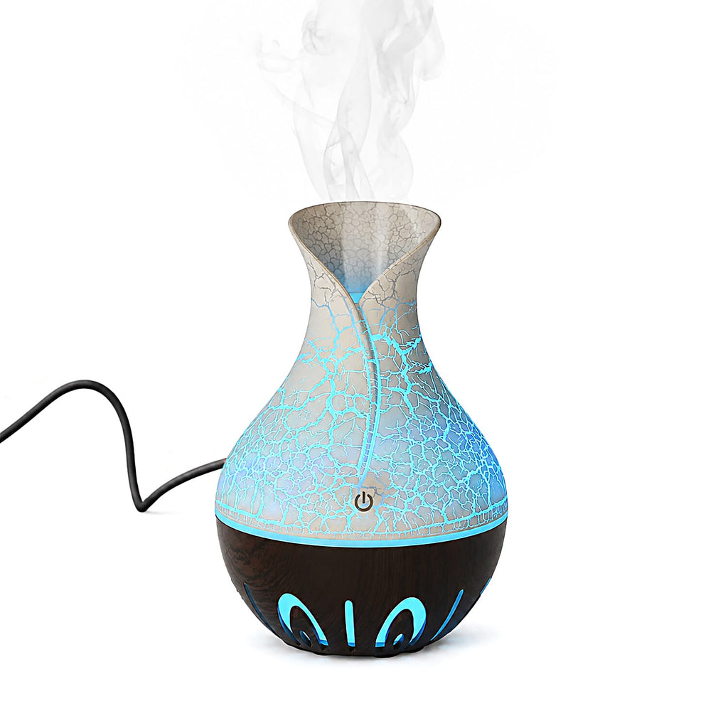 Ultrasonic Humidifier and 7 Essential Oils - Peppermint,  Jasmine, Lemongrass, Eucalyptus, Rose, Lavender, Orange (200ml) - White - Light - Dark Brown